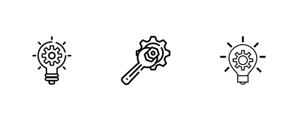 Lightbulb Engineering Icons Set Concept on Transparent Background Illustration Vector. Set of minimalist lightbulb + gear icons for innovation, tech & creative branding. Clean modern outline style.