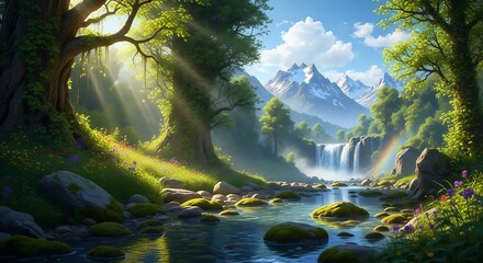 Sunlight Beams on Lush Magical Forest with Waterfall and Rainbow
