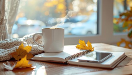 Cozy Autumn Morning Steaming Coffee and Reading a Book by the Window