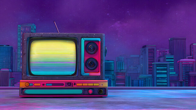A retro TV set against a cityscape backdrop, a visual of nostalgia and technological history. The television is the focal point, with a backdrop of a colorful city