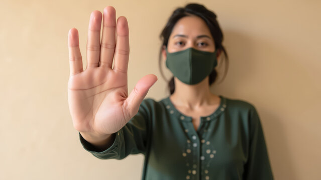 Woman wearing green mask and matching top is holding up her hand in stop gesture, conveying message of caution and awareness