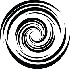 Clean abstract black and white circular swirly vortex lines graphic, simple artistic spin effect vector element, modern design background.
