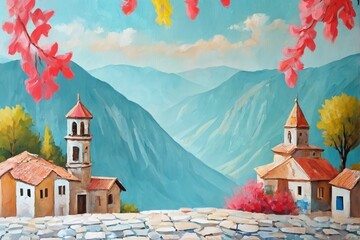 A vibrant, painterly scene of a colorful village nestled between lush green hills under a bright turquoise sky. Red-roofed houses and a church tower dot the landscape, framed by festive triangular fla
