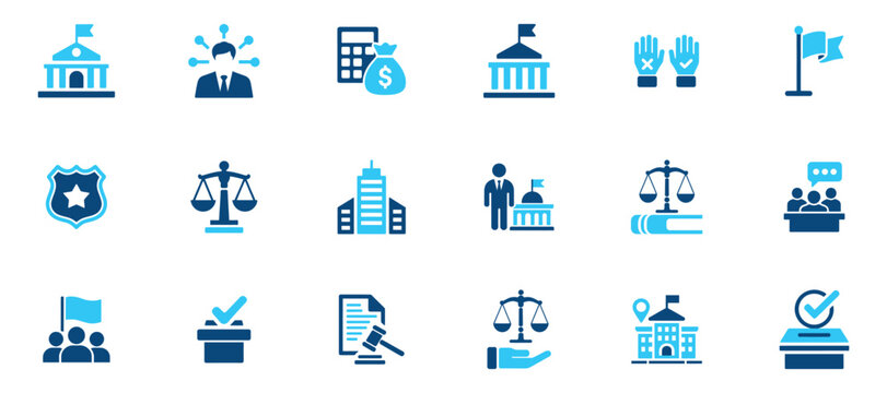 Modern blue icons collection for law, justice, government, politics, and finance