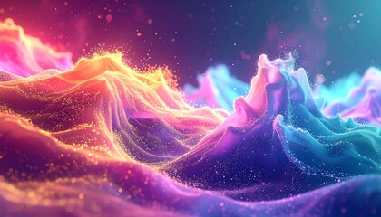 Vibrant and ethereal illustration depicts a dreamlike landscape of swirling, glowing formations and colorful particles against a dark backdrop