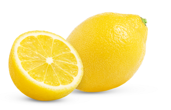 Ripe lemon fruit with half isolated. Lemons with clipping path.