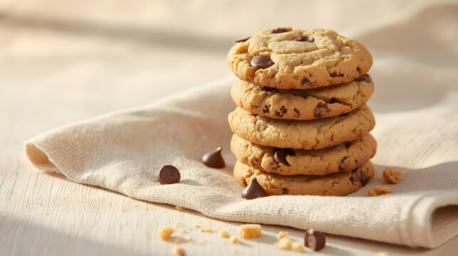Homemade fresh chocolate chip cookies on a wooden table are a sweet dessert snack