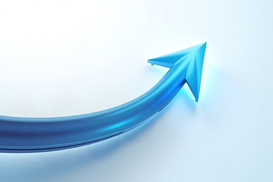 Blue arrow curves upward on white background, symbolizing growth, progress or positive direction in minimalistic design.
