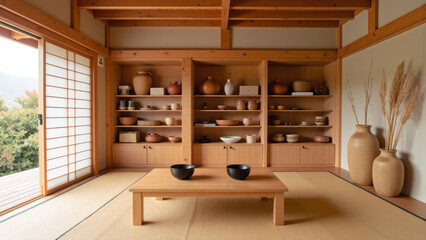 Serene interior of traditional Japanese room featuring wooden shelves filled with pottery and decorative items. space includes low wooden table