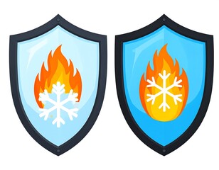 Two shields illustrating protection against extreme temperatures. One has a snowflake and fire inside, suggesting resilience to the cold and heat