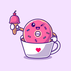 Cute Donut Holding Ice Cream Cone in Coffee Cup Cartoon