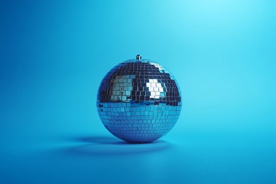Shiny blue disco ball rests on reflective surface, glowing under cool cyan light in minimalist studio setting.