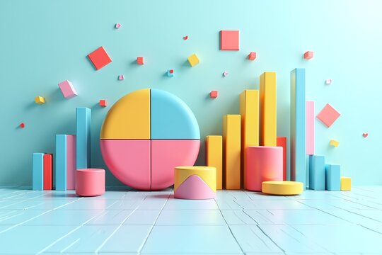 Pastel geometric shapes, charts and cubes on light blue floor against soft background. Modern minimalistic data visualization art.