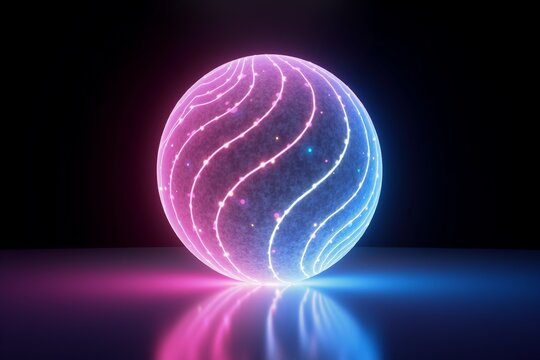 Neon-lit sphere glows vibrant purple and blue, swirling light trails inside. Reflective surface below enhances futuristic glow against dark background.