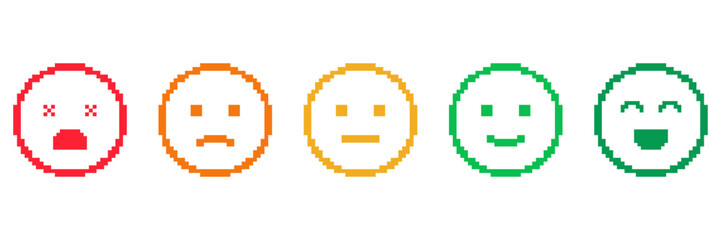 Pixel Art Emoticon Set. Emotional Expression And Mood Indicator Icons. Feedback And Sentiment Analysis Symbols. Isolated Vector Illustration