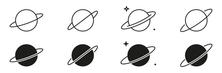 Planet With Rings Line and Solid Icon Set. Astronomy Saturn Sphere Orbit Cosmic Object and Space Exploration Symbol Collection. Editable Stroke. Isolated Vector Illustration © Toxa2x2