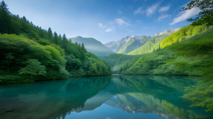 Illustration of a tranquil mountain lake surrounded by lush green forest and distant peaks under a clear sky