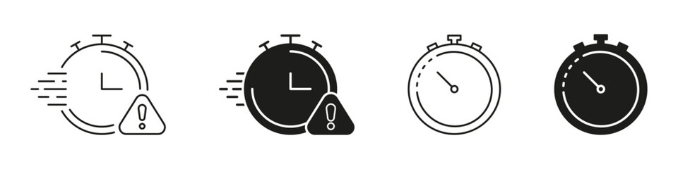 Stopwatch With Alert Icon Set. Time Management, Urgency, And Deadline Notification Outline And Silhouette Symbol Collection. Efficiency And Productivity. Isolated Vector Illustration