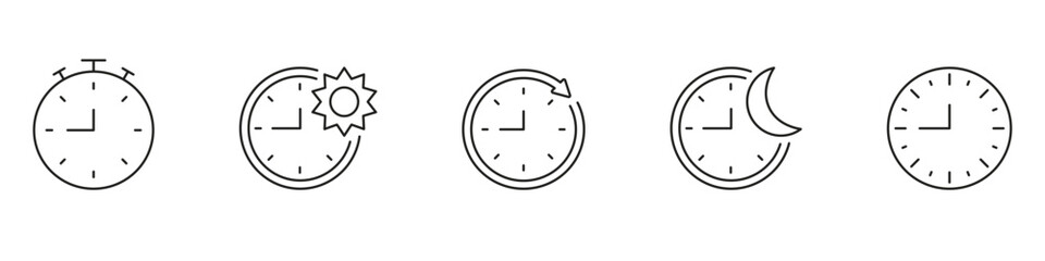 Clock And Time Management Line Icon Set. Stopwatch, Day And Night Cycle, And Time Tracking Outline Symbol Collection. Time Management And Scheduling. Editable Stroke. Isolated Vector Illustration