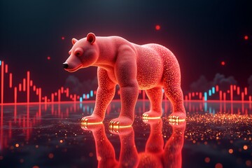 Red bear with glowing eyes stands on financial charts, reflecting vibrant candlestick patterns in neon-lit digital market scene.