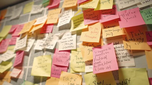 Colorful sticky notes cover workspace wall with handwritten reminders and ideas for organization, busy schedules, and paper based task management