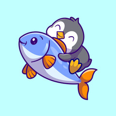 Cute Penguin Flying With Fish Cartoon