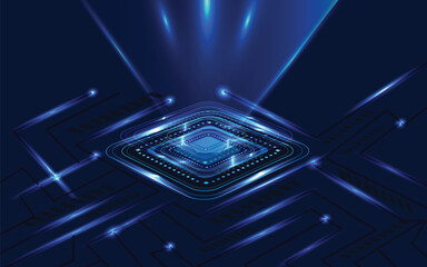 Abstract technology chip processor background circuit board and html code,3D dark blue technology background 