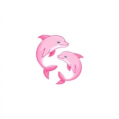 Two playful pink dolphins swimming together on a white isolated background.
