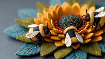 Vibrant felt sunflower surrounded by buzzing bees creates lively and cheerful scene. intricate details of felt work highlight creativity and craftsmanship involved