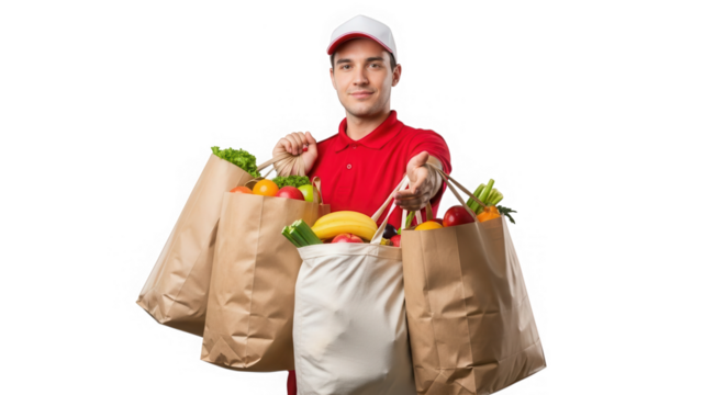 Smiling delivery man with grocery bags offering fresh produce isolated on transparent background