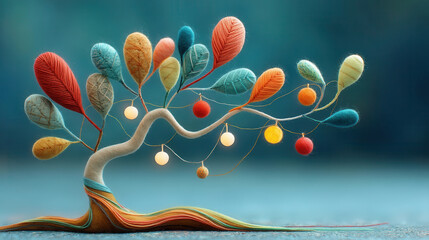 Whimsical felt depiction of rainbow colored tree with vibrant leaves and glowing orbs creates magical atmosphere. tree twisted trunk adds to its enchanting charm