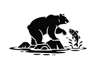 Bear Catching Fish Silhouette – Minimalist Black Icon of Wildlife, River Hunting, and Nature Action