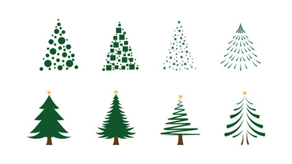 Obraz premium Collection Christmas Tree Silhouettes with Ornaments, Swirled and Starred Christmas Tree Icons in Flat Design. Christmas pine tree for winter decorations, greeting cards, stickers