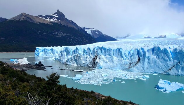 Vast glacier with blue ice against a backdrop of mountains and a turquoise lake, under a cloudy sky. A natural landscape