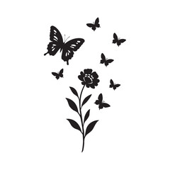 Flower and Butterflies Silhouette – Minimalist Black Icon of Nature, Beauty, and Transformation
