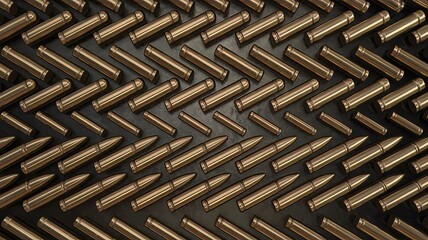 A Detailed and Uniform Abstract Pattern Composed of Golden-Hued Rifle Cartridges Arranged in Interlocking Diagonal Rows.