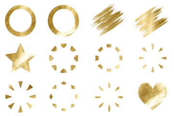 Collection of golden decorative elements isolated on transparent background