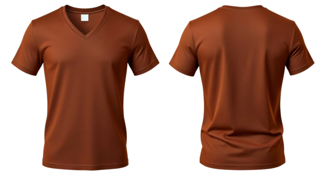 Brown v-neck t-shirt in front and back view, mockup isolated on transparent background