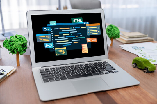 Software development or programming work with coding screen of various programming languages like HTML, , , and C brisk for new application development