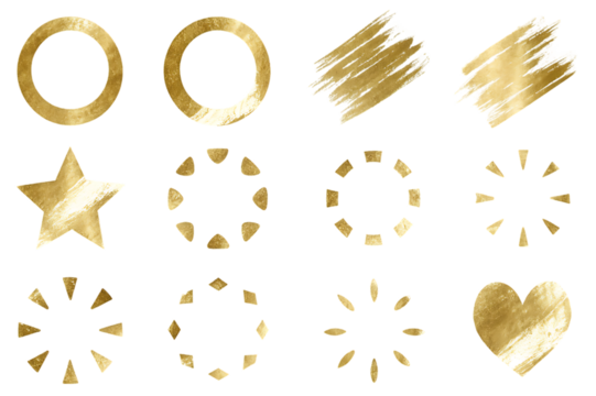 Collection of golden decorative elements isolated on transparent background