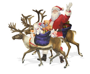 Watercolor Santa Claus, gifts and two reindeer