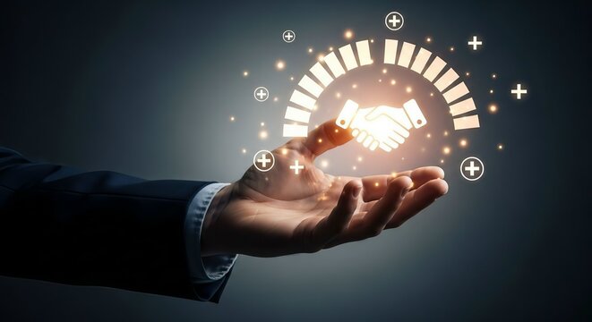 Hand holding glowing digital globe with futuristic interface and icons