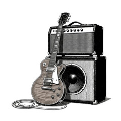 Illustration showcasing a guitar resting against a vintage amplifier isolated musical gear