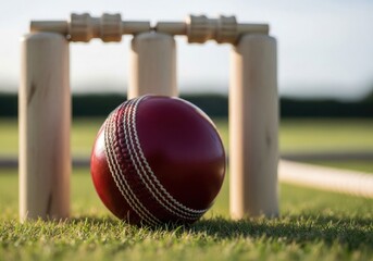 Cricket sport Close Up of Red Leather Ball and Wickets Standing on Green Grass Lawn Field Equipment for Sport Recreation on Sunny Day Under Bright Sky