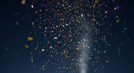 Confetti Explosion Against Night Sky with Bright Spotlights
