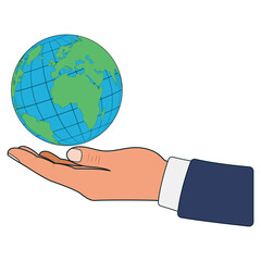 Cartoon illustration of a hand holding a globe showing world map