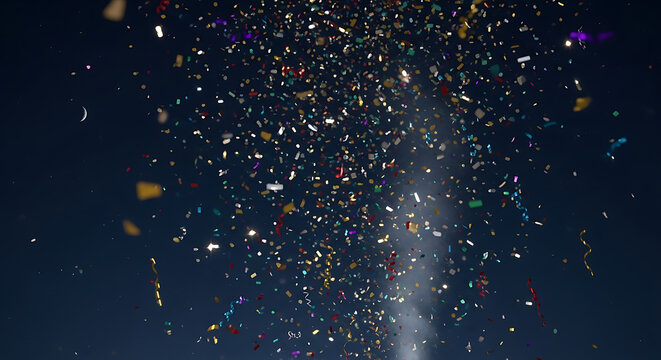 Confetti Explosion Against Night Sky with Bright Spotlights