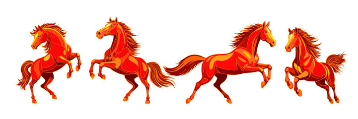 Bright Fire Horse in a dynamic pose. Symbol of Chinese New Year 2026. Red, orange and yellow Horse standing on its hind legs. Design element for cards, postcards, invitations, calendar for 2026