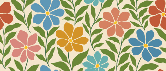 Retro floral seamless pattern with colorful flowers. Vintage groovy aesthetic background for textile design, fabric print, and wallpaper. Ditsy flower power vector illustration