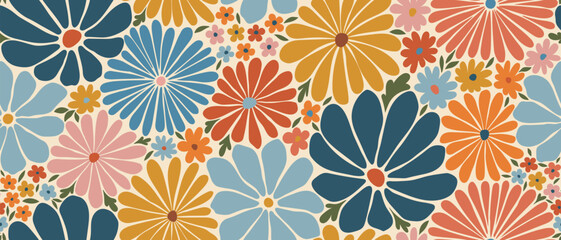 Retro floral seamless pattern with colorful flowers. Vintage groovy aesthetic background for textile design, fabric print, and wallpaper. Ditsy flower power vector illustration